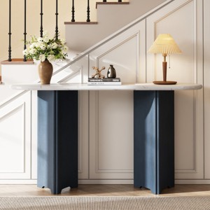 Narrow Console Accent Table,Table with Faux Marble Tabletop And Rubber Wood Legs,Oval Console Table For Living Room Hallway-Cuddlewood - 1 of 4