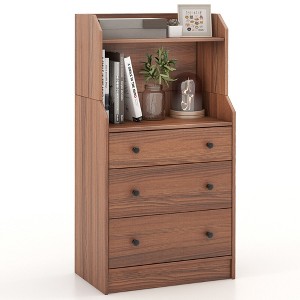 Tangkula 3-Drawer Dresser 44" Tall Wood Storage Organizer Chest w/ 2 Open Shelves Walnut - 1 of 4