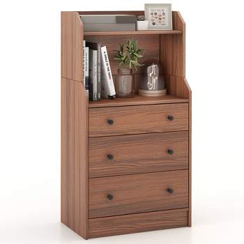 Tangkula 3-Drawer Dresser 44" Tall Wood Storage Organizer Chest w/ 2 Open Shelves Walnut