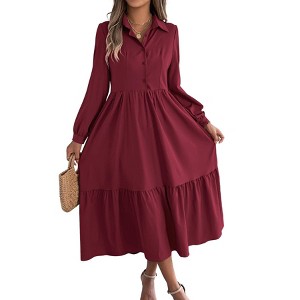 Coolmee Women Casual Maxi Shirt Dress Flowy Button Down V Neck Ruffled Long Dresses - 1 of 4
