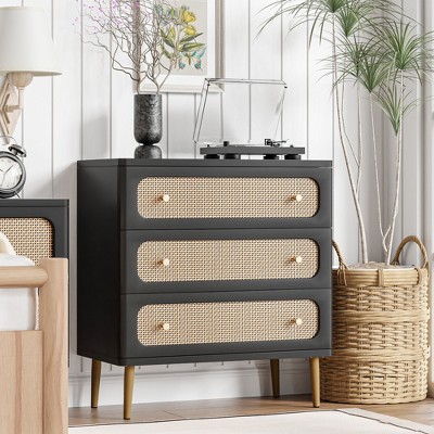 JIONJOY Black Weave 3-Drawer Dresser - Fully Assembled Rattan & Wood Storage Cabinet with Antique Brass Hardware