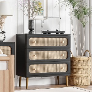 JIONJOY Black Weave 3-Drawer Dresser - Fully Assembled Rattan & Wood Storage Cabinet with Antique Brass Hardware - 1 of 4