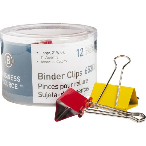 Large 12/Pack Assorted Business Source Colored 65363 Binder Clips 2" 