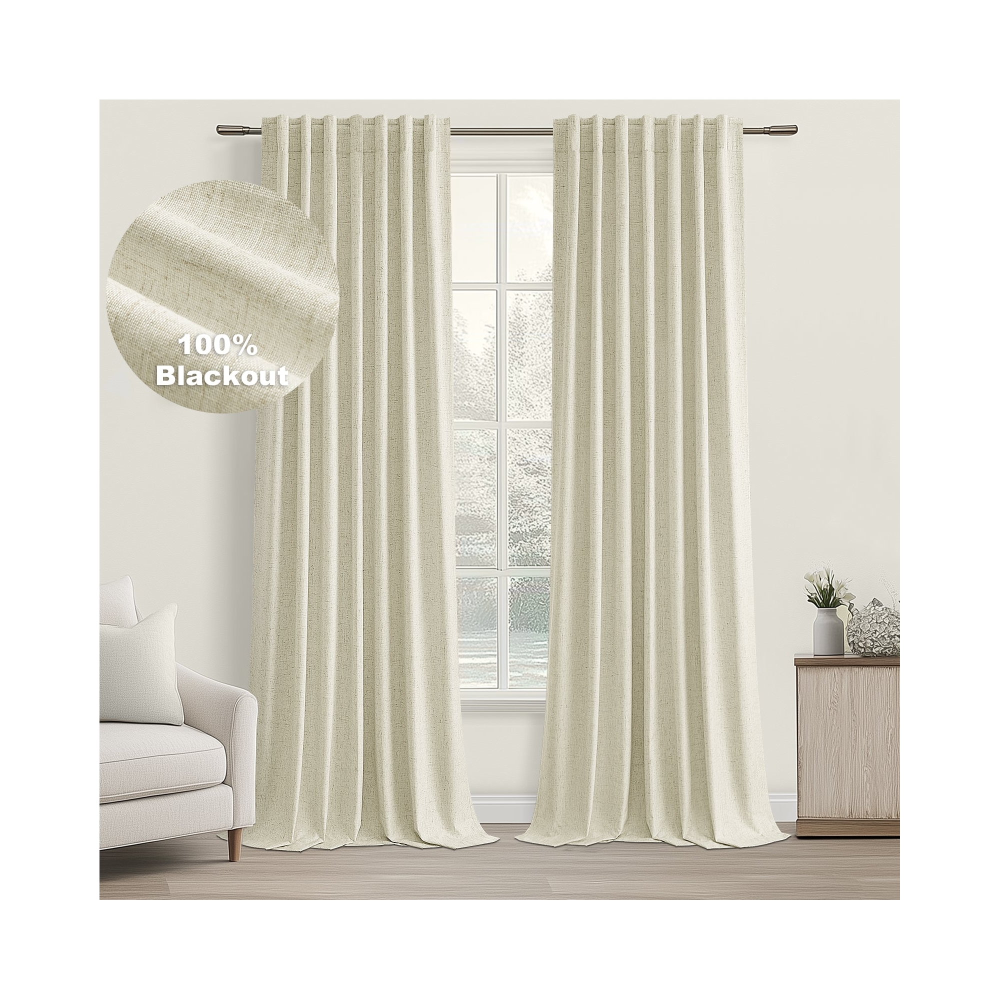 Cream 100% Blackout Curtains & Drapes 96 Inch Length 2 Panels Set, Flax Linen Room Darkening Soundproof Curtains for Bedroom Living Room