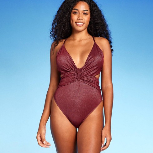 Women's Monokini Plunge Cut Out High Leg Lurex One Piece Swimsuit - Shade &  Shore™ Burgundy Xl : Target