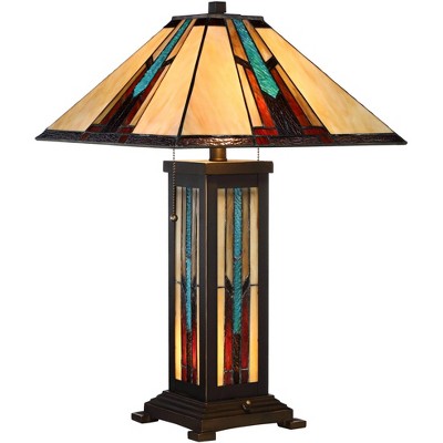 Robert Louis Tiffany Mission Table Lamp with Nightlight Bronze Stained Glass for Living Room Family Bedroom Bedside Nightstand