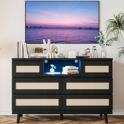 Whizmax Natural Rattan Dresser for Bedroom with LED Light and Charging Station, 6 Drawer Double Dressers, Modern Wooden Dresser Chest for Living Room