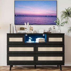 Whizmax Natural Rattan Dresser for Bedroom with LED Light and Charging Station, 6 Drawer Double Dressers, Modern Wooden Dresser Chest for Living Room - 1 of 4