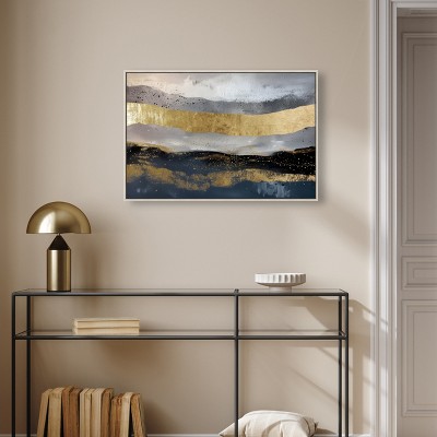 Rivers of Gold Blue Abstract Canvas Art with Silver Floater Frame