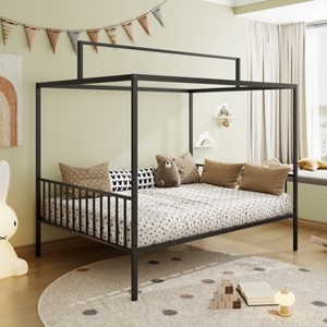 KWPZQEB Montessori House Bed Metal for Kids, Metal Floor Bed with Canopy and Fence, House Bed Frame for Girls & Boys, No Box Spring Needed - 1 of 4