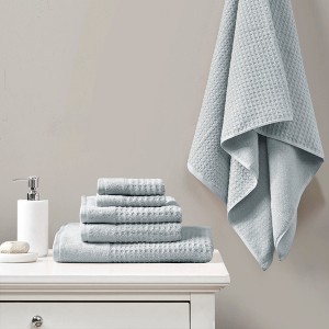6Pcs 100% Cotton Solid Color Bath Towel Set, Anti-Microbial Certified Waffle Jacquard Quick Dry Bath Towel - 1 of 4