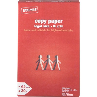 Staples 8.5" x 14" Copy Paper 20 lbs 92 Brightness 500/RM (127035/08635-0)