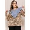 Slickblue Women's Plus Size Contrast Washed Denim Top with Ruffle Yoke and Leopard Design, Brown Denim, 1XL-3XL - 4 of 4