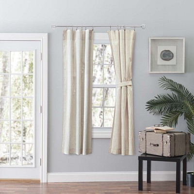 Tan Cotton Polyester Striped Rod Pocket Curtains with Tiebacks