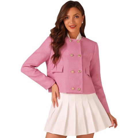 Женские куртки Allegra K Tweed Plaid Double-breasted Scoop Neck Long Sleeve Casual Jackets Pink Small