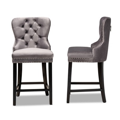 Gray Velvet and Dark Brown Wood Quilted Counter Stools, Set of 2