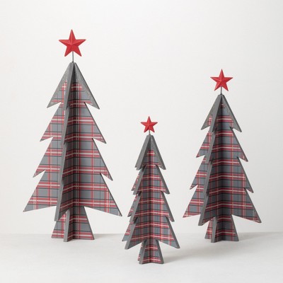 Sullivans Plaid Metal & Wood Tree Set of 3, 26.25"H, 21.5"H & 17"H Green