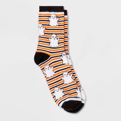 Women's Fuzzy Ghost Striped Halloween Crew Socks - Hyde & EEK! Boutique™ Orange/Black 4-10