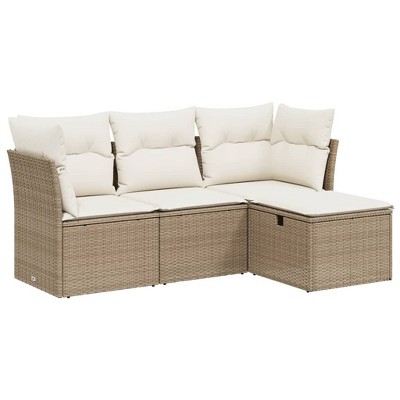 vidaXL Patio Sofa Set with Cushions Outdoor Furniture 4 Piece Poly Rattan - Beige and Cream Without Storage