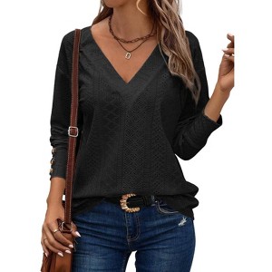 Women Blouse V-Neck Long Sleeve Button Hollow Lace Shirt - 1 of 4