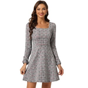 Allegra K Women's Fall Vintage Square Neck Long Sleeve Plaid Dress - 1 of 4