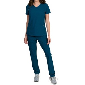 Medgear Celeste Women's Stretch Scrubs Cross Over Neckline Top and Slim Leg Pants - 1 of 4
