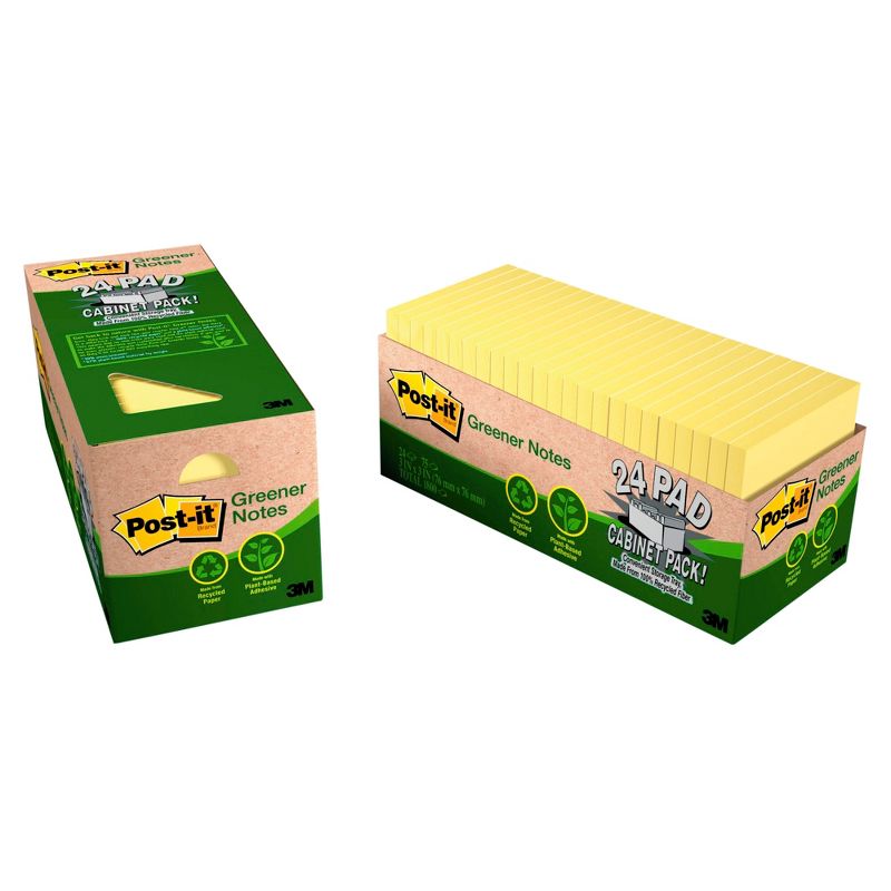 Post-it Recycled Paper Greener Notes Cabinet Pack, 3 x 3 Inches, Canary Yellow, Pad of 75 Sheets, Pack of 24, 1 of 5