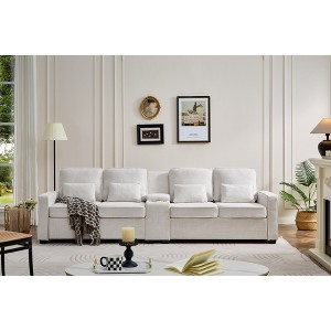 114" Upholstered 4-Seat Sofa with Console, 2 Cup Holders, 3 Wired USB Ports, Linen Fabric Couch with 4 Pillows, Modern Sofa for Living Room, Apartment - 1 of 4