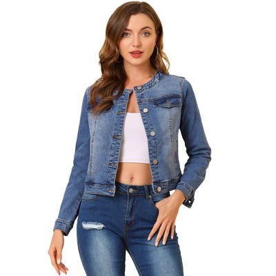 Allegra K Women's Denim Button Down Collarless Long Sleeve Jean Jackets ...