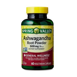 Spring Valley Ashwagandha Root Powder General Wellness Dietary Supplement Vegetarian Capsules, 500 mg, 60 Count - 1 of 4