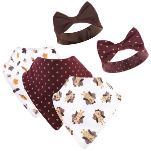 Hudson Baby Infant Girl Cotton Bib and Headband Set 5pk, Girl Turkey, One Size - 1 of 2