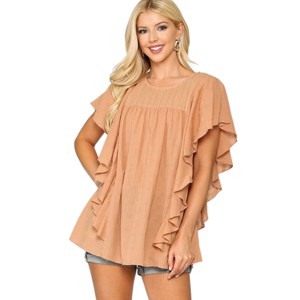 Slickblue Women's Textured Ruffle Sleeve Tunic Top in Apricot, Back Keyhole, Perfect for Casual Outings, S - 1 of 4