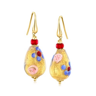 Ross-Simons Italian Multicolored Murano Glass Floral Bead Drop Earrings in 18kt Gold Over Sterling