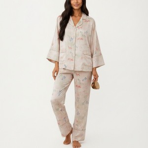 Anna-Kaci Lounge Women's 2-Piece Set Floral Print Button Front Pajama Top with Wide Cuff Sleeves and Matching Relaxed Fit Pants - 1 of 4