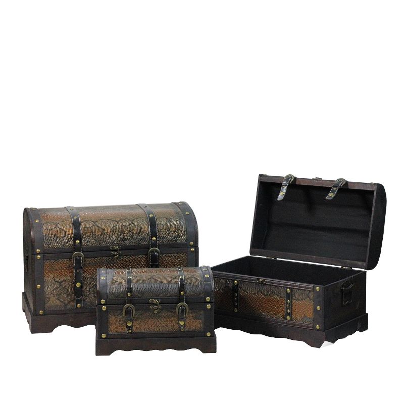 Northlight Set of 3 Decorative Antique Brown Wood and Faux Snakeskin Storage Boxes 22.5", 1 of 4