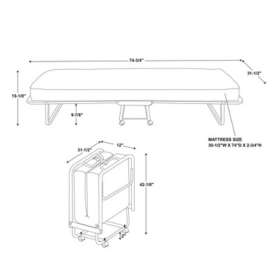 Compact Twin-Size Folding Rollaway Guest Bed with Upholstered Metal Frame