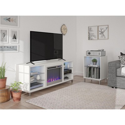 White Modern Fireplace TV Stand with LED Shelves for 70" TVs