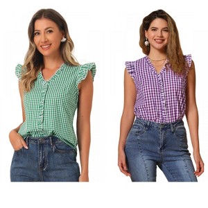 INSPIRE CHIC Women's Cap Sleeve Plaid Gingham Ruffle Shirt 2 Packs - 1 of 4
