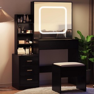 Modern Vanity Desk, Makeup Vanity Desk With Sliding Mirror, Dressing Table With 4 Drawers, Storage Shelves & Stool for Bedroom, Cloakroom - 1 of 4