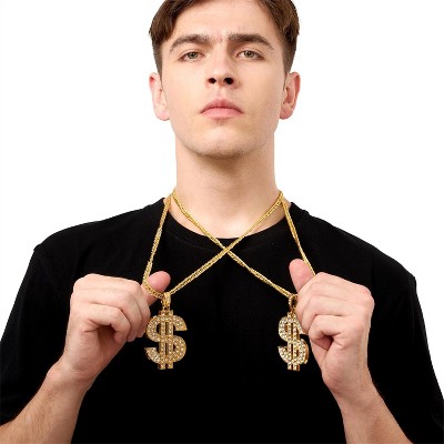 Joyfy 2 pcs Dollar Gold Pendant Chains Necklaces, Hip Hop Money Dollar Sign Chain Necklace Jewelry Halloween Accessory for Men Women Dress Up Party