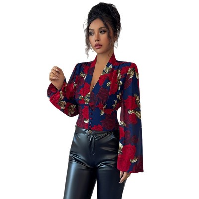Women's Floral Print Blouse Lantern Sleeve Deep V-Neck ElegantShirt
