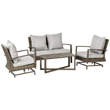 Outsunny Patio Furniture Set, 4 Piece Outdoor Rattan Conversation Set with 2 Rocking Chairs, Cushions, Loveseat Sofa & Coffee Table