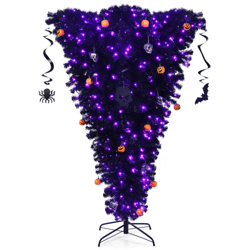 Costway 6ft Upside Down Christmas Halloween Tree Black w/270 Purple LED Lights, 1 of 11