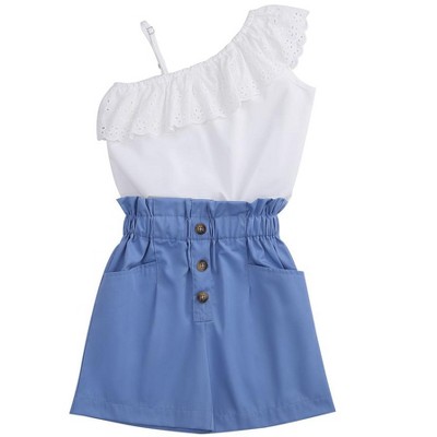 Girls Summer Sets Lace Founce Neck Line Spaghetti Strape Tank Tops with High Waist Button Shorts Ruffled Trim Sets for Summer