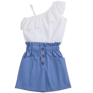 Girls Summer Sets Lace Founce Neck Line Spaghetti Strape Tank Tops with High Waist Button Shorts Ruffled Trim Sets for Summer - 1 of 4