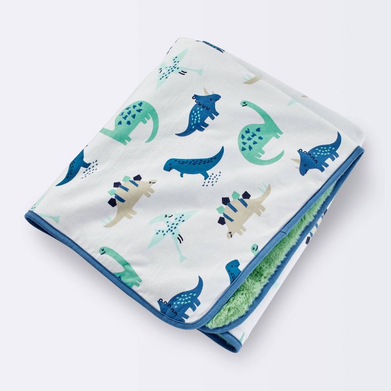 Jersey Knit Reversible Faux Fur Blanket Dinos - Cloud Island&#8482; Blue/Green, 1 of 6