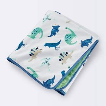 Jersey Knit Reversible Faux Fur Blanket Dinos - Cloud Island™ Blue/Green
