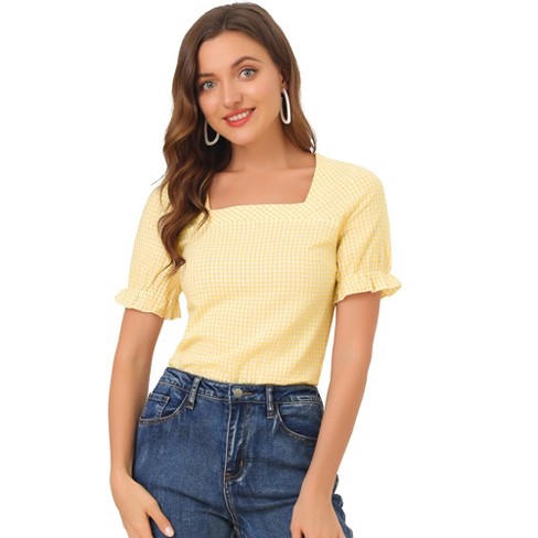 Allegra K Women's Summer Square Neck Plaid Short Sleeve Blouse Tops Yellow  Medium : Target