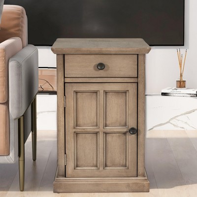 Vintage Farmhouse Nightstand with Charging Station, 14" Narrow End Table with Drawer & Cup Holders for Small Spaces