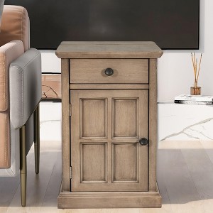 Vintage Farmhouse Nightstand with Charging Station, 14" Narrow End Table with Drawer & Cup Holders for Small Spaces - 1 of 4